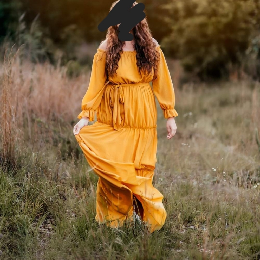 Large Mustard yellow baltic born maxi off shoulder dress